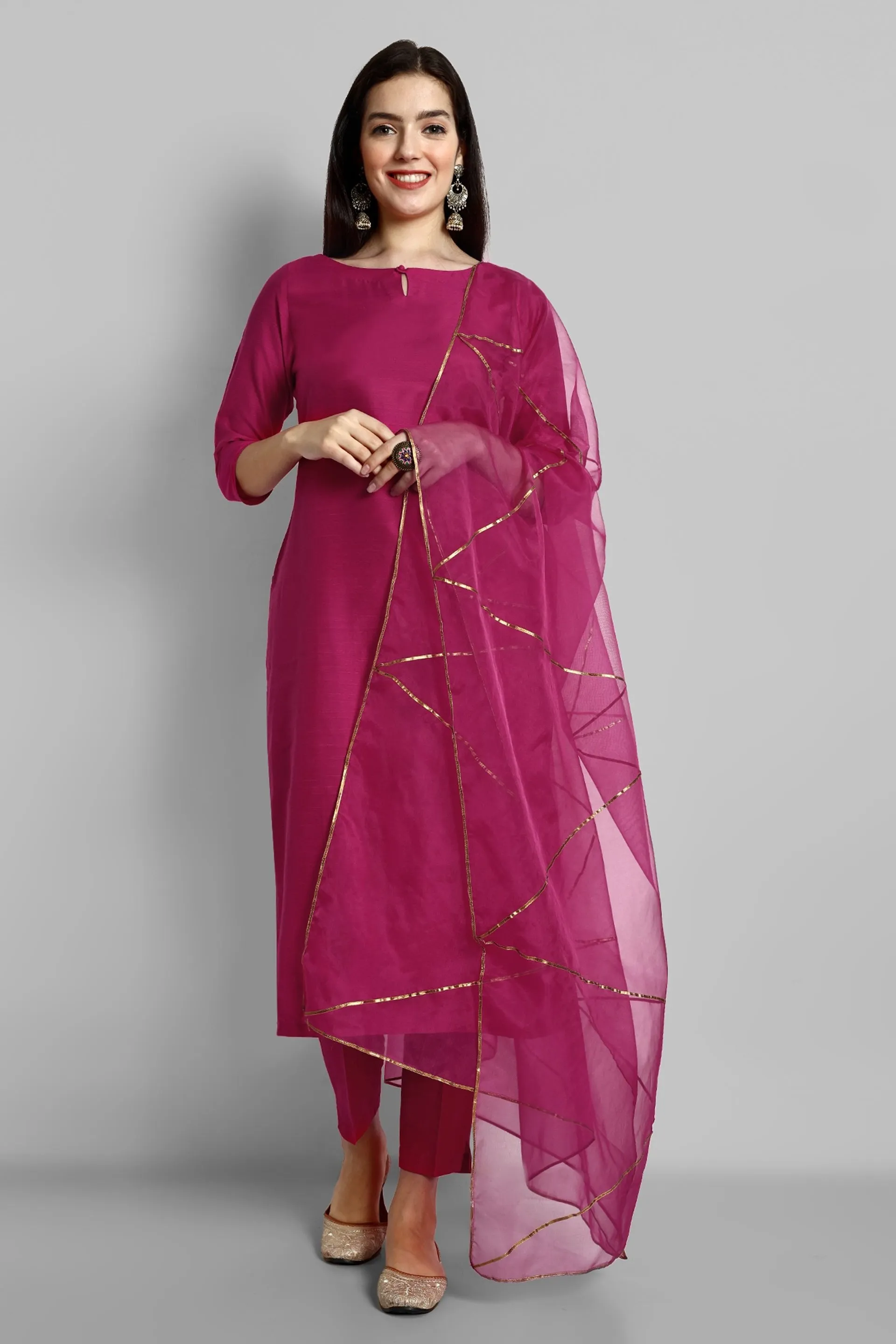 Key hole Hot Pink Boat Neck Style with elasticated pant and Organza Dupatta - Set of 3