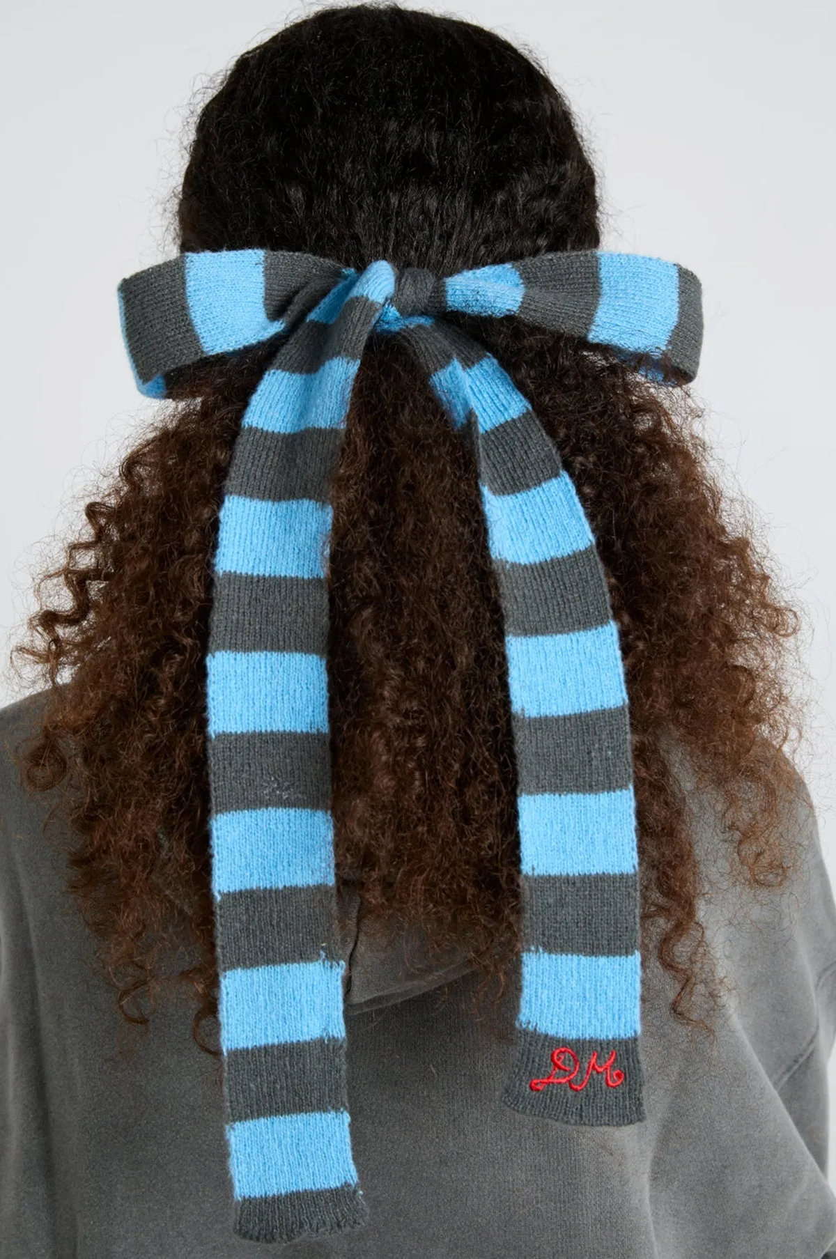 Knitted Hair Bow Grey/Blue Stripe