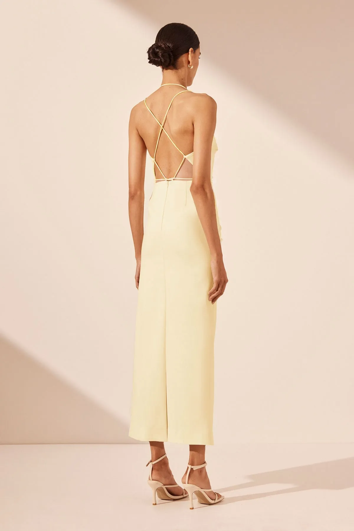 LANI DRAPED CROSS BACK MIDI DRESS - VANILLA