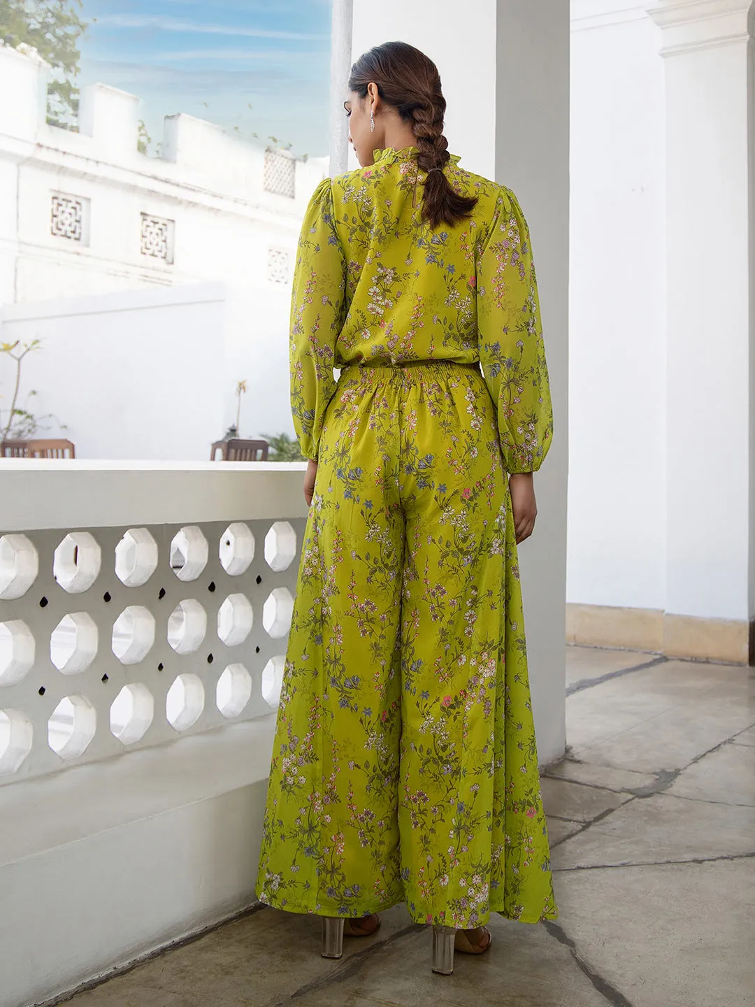 Lime Green Georgette Floral Regular Co-ord Set