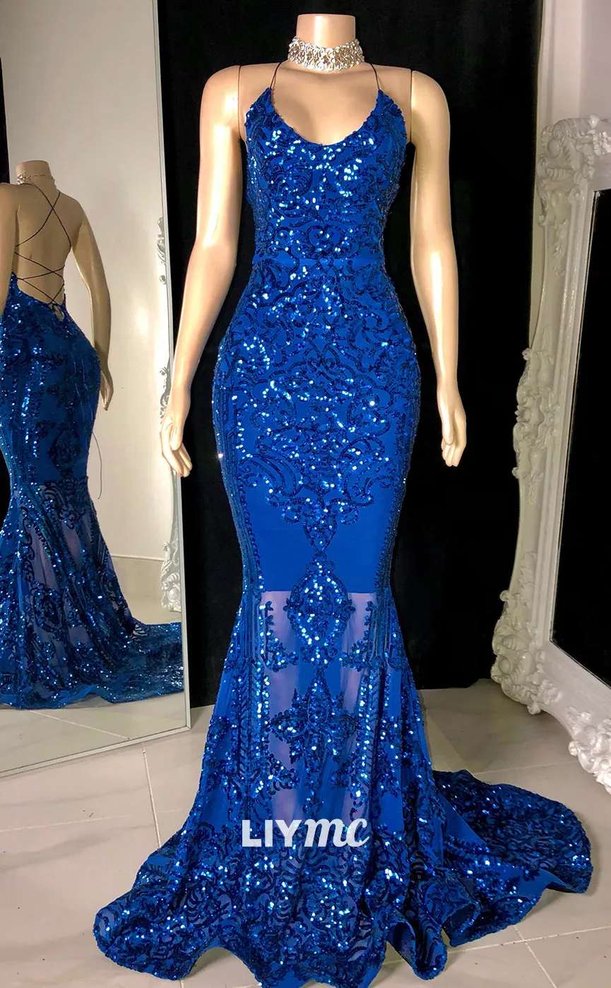 LP1407 - Spaghetti Straps Sleeveless Appliques Backless Sparkly Prom Dress for Black Girls