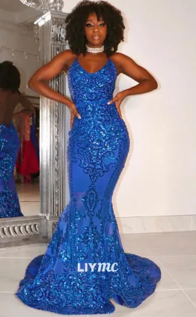 LP1407 - Spaghetti Straps Sleeveless Appliques Backless Sparkly Prom Dress for Black Girls