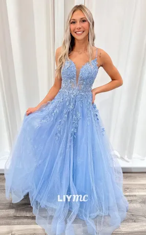 LP1800 - V-Neck Spaghetti Straps Floral Appliques Lace-Up Tiered Tulle Ball Gown Prom Dress