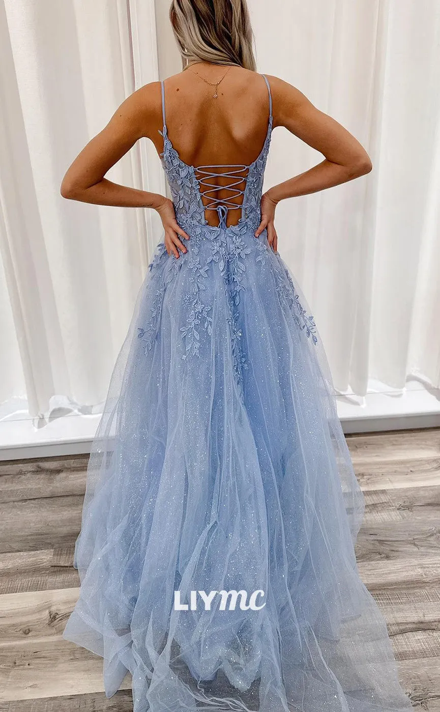 LP1800 - V-Neck Spaghetti Straps Floral Appliques Lace-Up Tiered Tulle Ball Gown Prom Dress