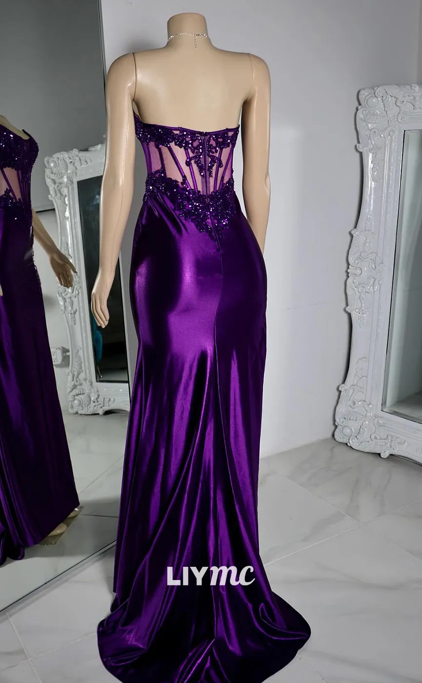 LP1961 - Scoop Strapless Appliques Sheer High Slit Mermaid Prom Dress