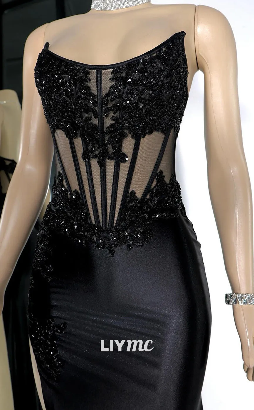 LP1961 - Scoop Strapless Appliques Sheer High Slit Mermaid Prom Dress