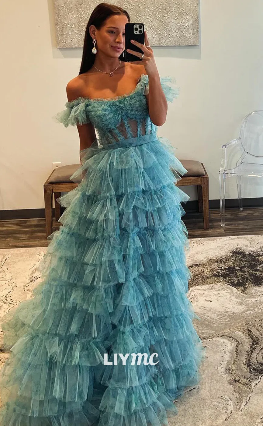 LP2052 - Off-Shoulder Strapless Sheer Tiered Tulle A-Line Ball Gown Prom Dress