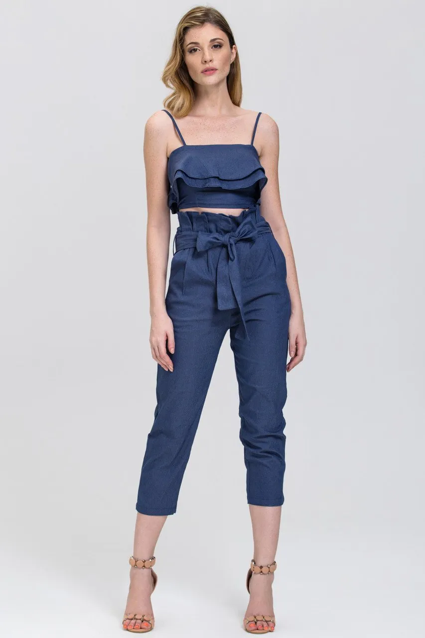 Maram Zbaeda - Denim Blue High Waist and Ruffled Bandeau 2 piece Co-ord