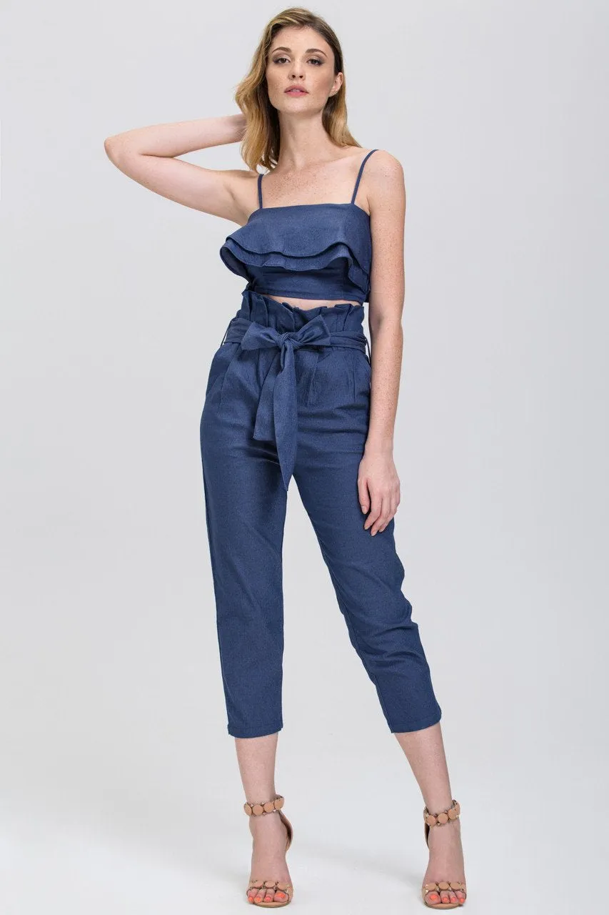 Maram Zbaeda - Denim Blue High Waist and Ruffled Bandeau 2 piece Co-ord