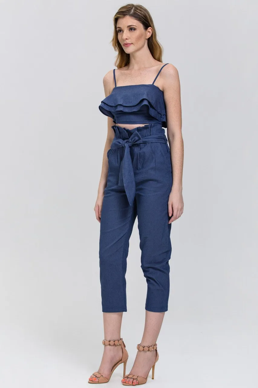 Maram Zbaeda - Denim Blue High Waist and Ruffled Bandeau 2 piece Co-ord