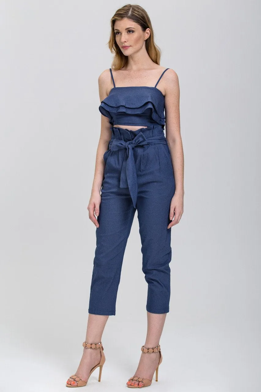 Maram Zbaeda - Denim Blue High Waist and Ruffled Bandeau 2 piece Co-ord