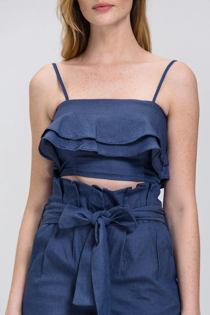 Maram Zbaeda - Denim Blue High Waist and Ruffled Bandeau 2 piece Co-ord