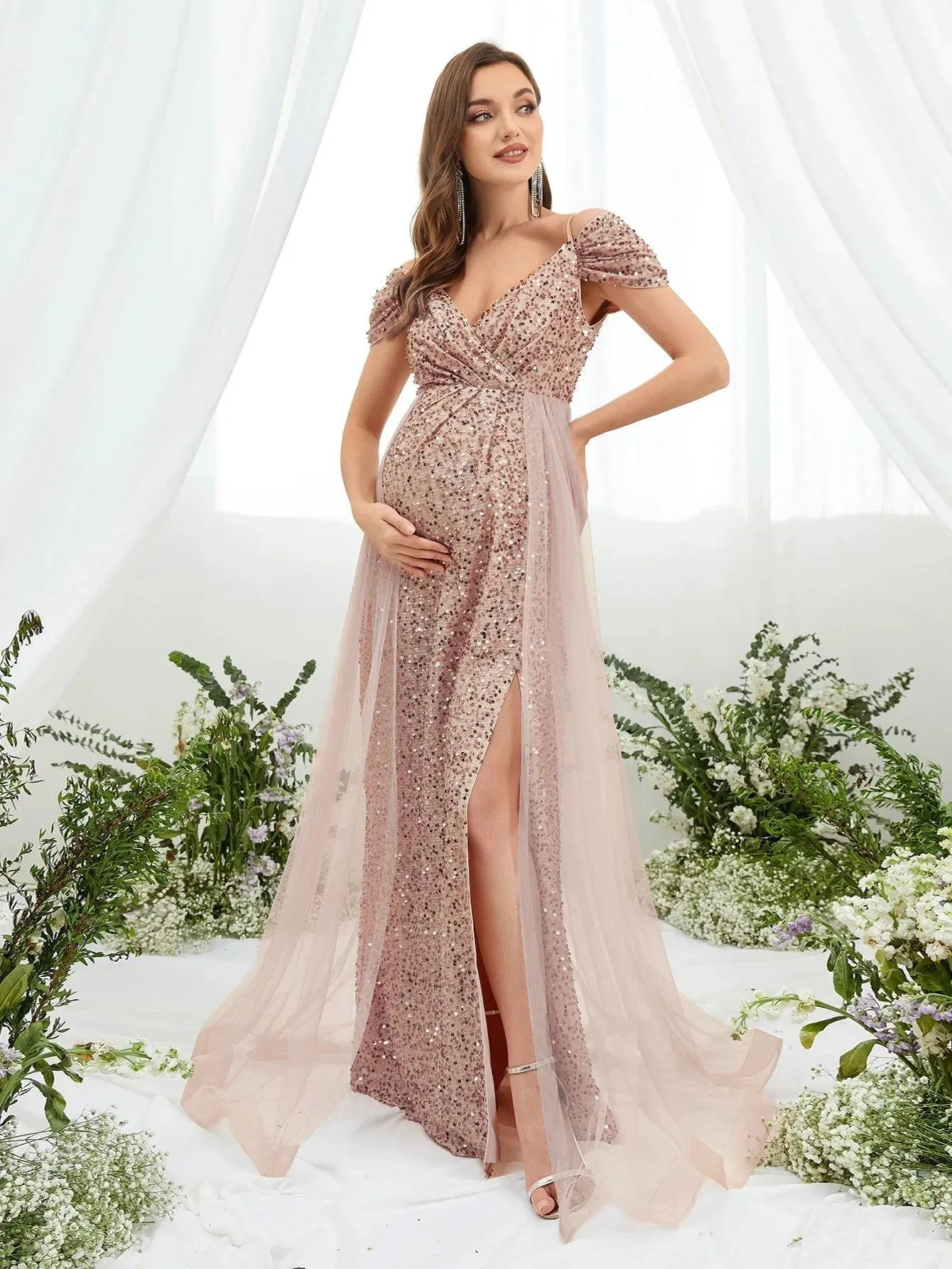 Maternity Cold Shoulder Contrast Mesh Sequin Cami Dress