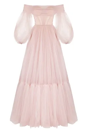 Misty Rose Sheer Sleeves Maxi Tulle Dress