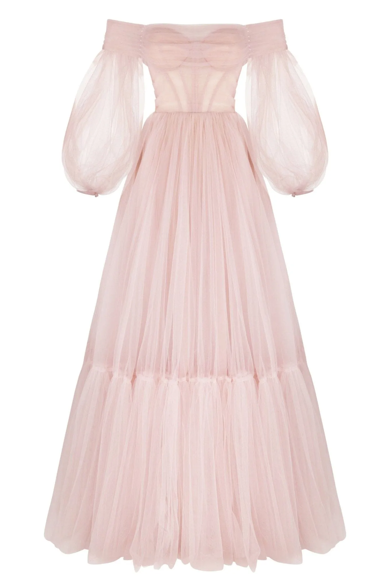 Misty Rose Sheer Sleeves Maxi Tulle Dress