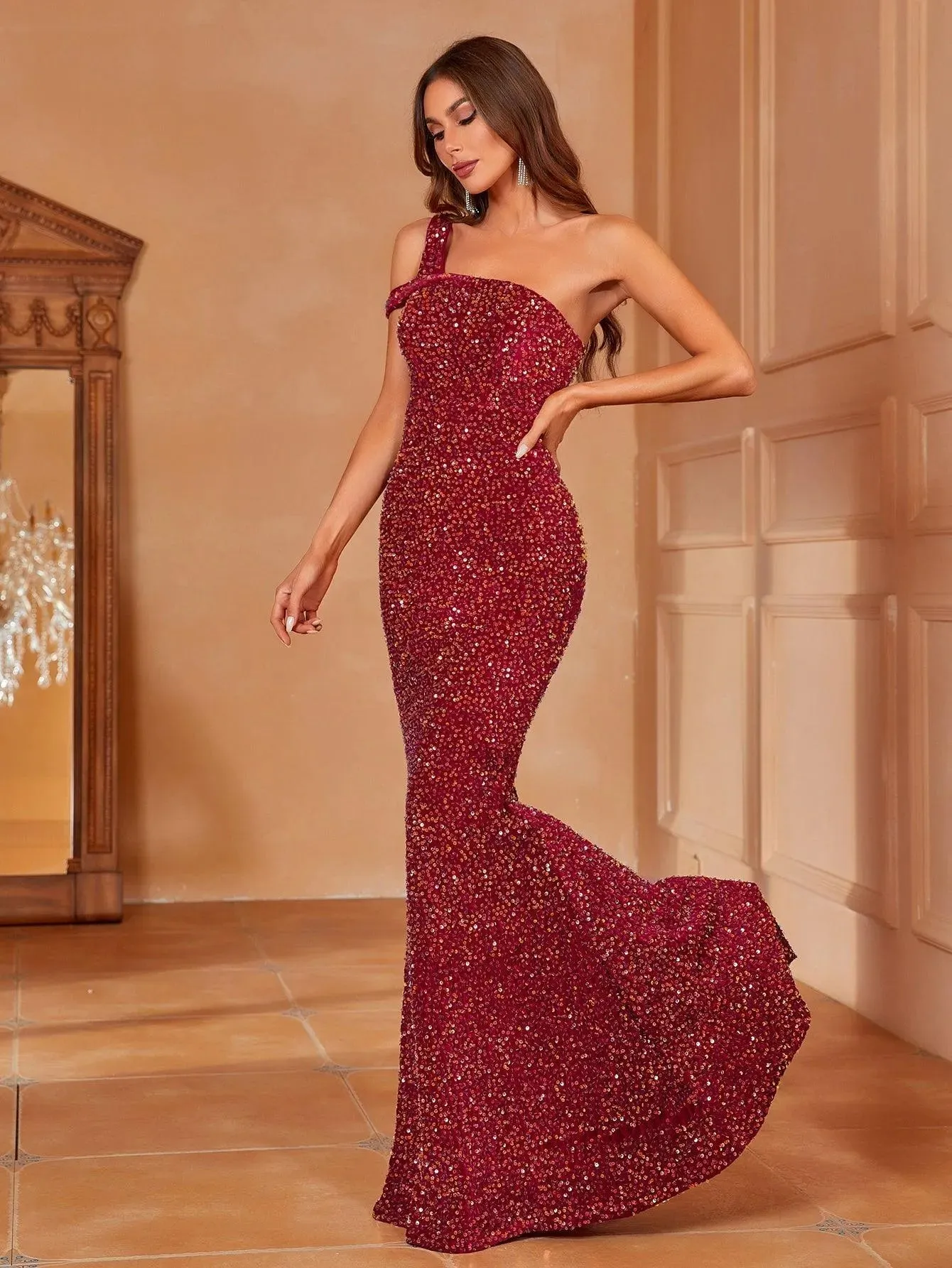 One Shoulder Backless Mermaid Hem Sequin Party Dress