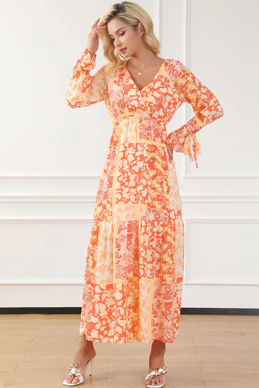 Orange Boho Floral Wrap V Neck Tie Long Sleeve Dress