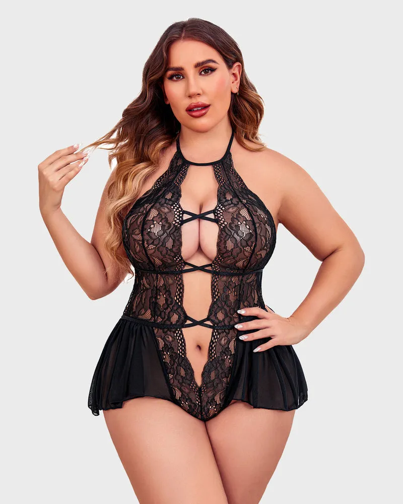 Plus Size Deep V Lace Bodysuit Teddy