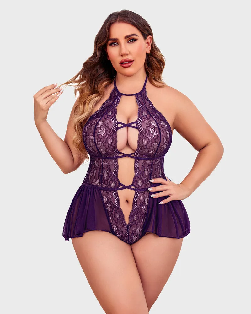 Plus Size Deep V Lace Bodysuit Teddy