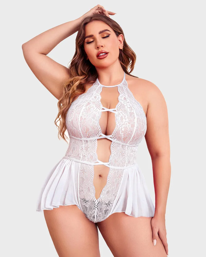 Plus Size Deep V Lace Bodysuit Teddy