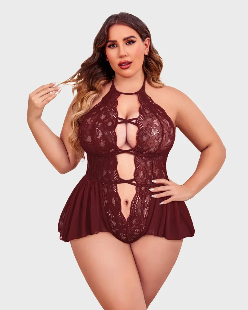 Plus Size Deep V Lace Bodysuit Teddy