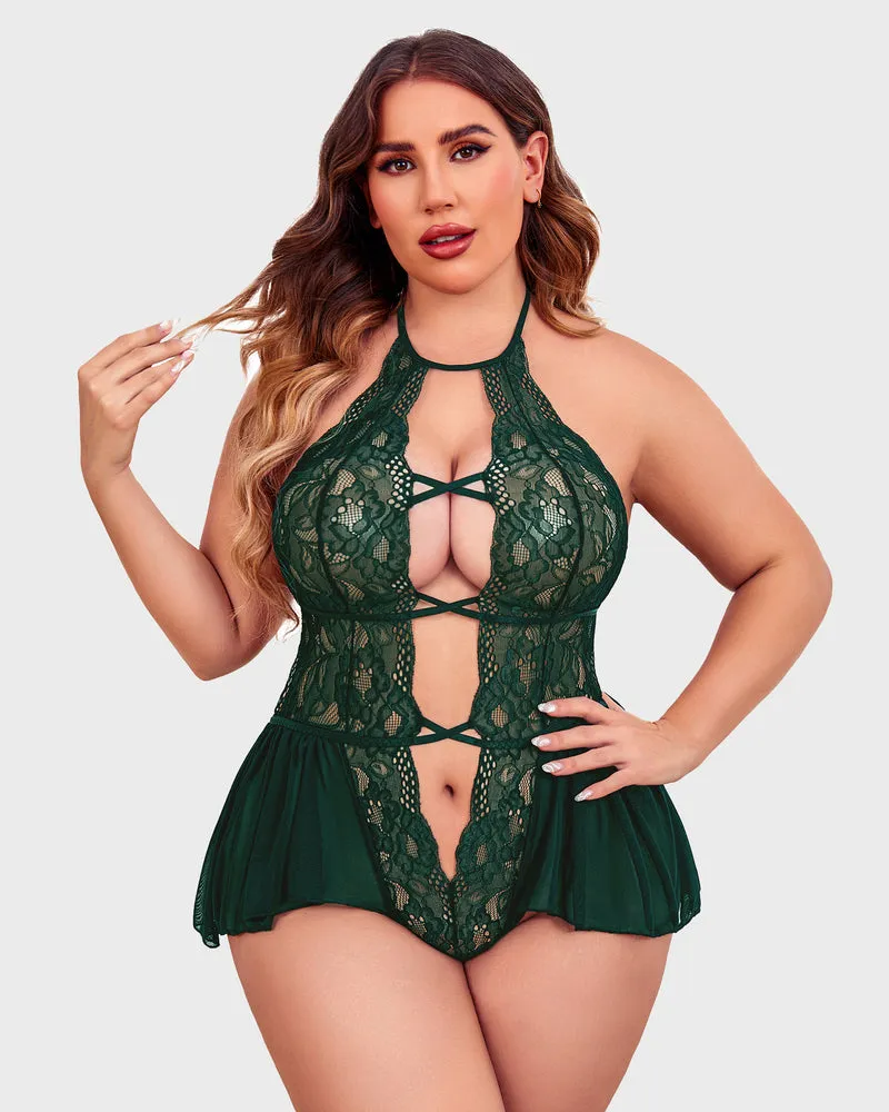 Plus Size Deep V Lace Bodysuit Teddy