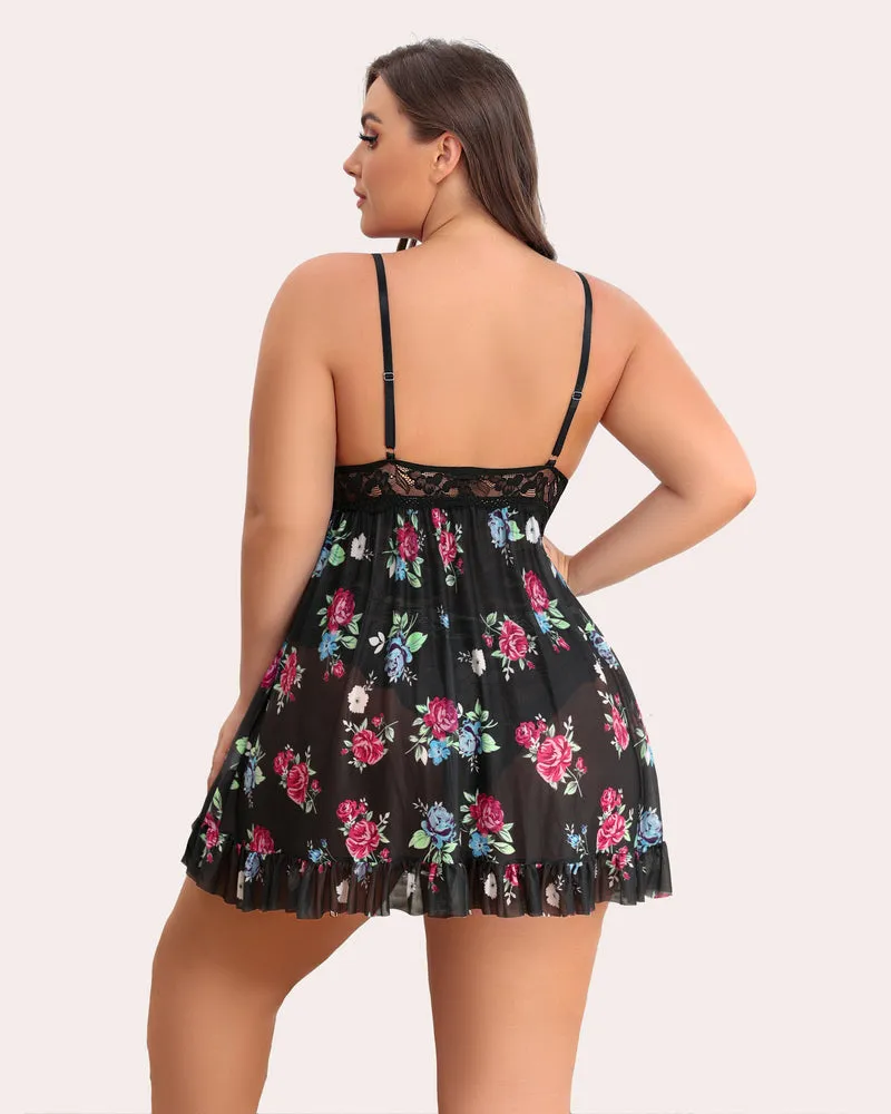 Plus Size Floral Print Snap Crotch Babydoll