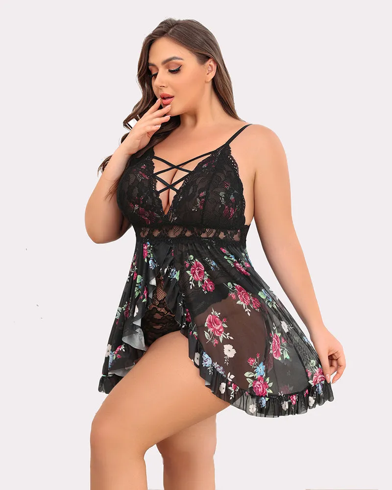 Plus Size Floral Print Snap Crotch Babydoll