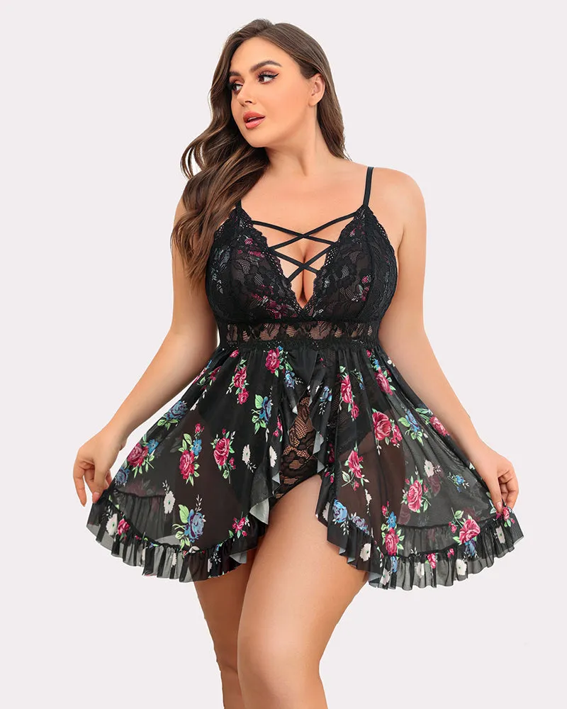 Plus Size Floral Print Snap Crotch Babydoll