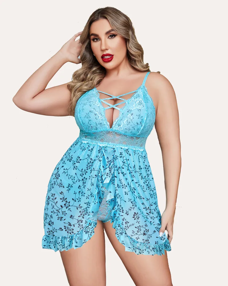 Plus Size Floral Print Snap Crotch Babydoll