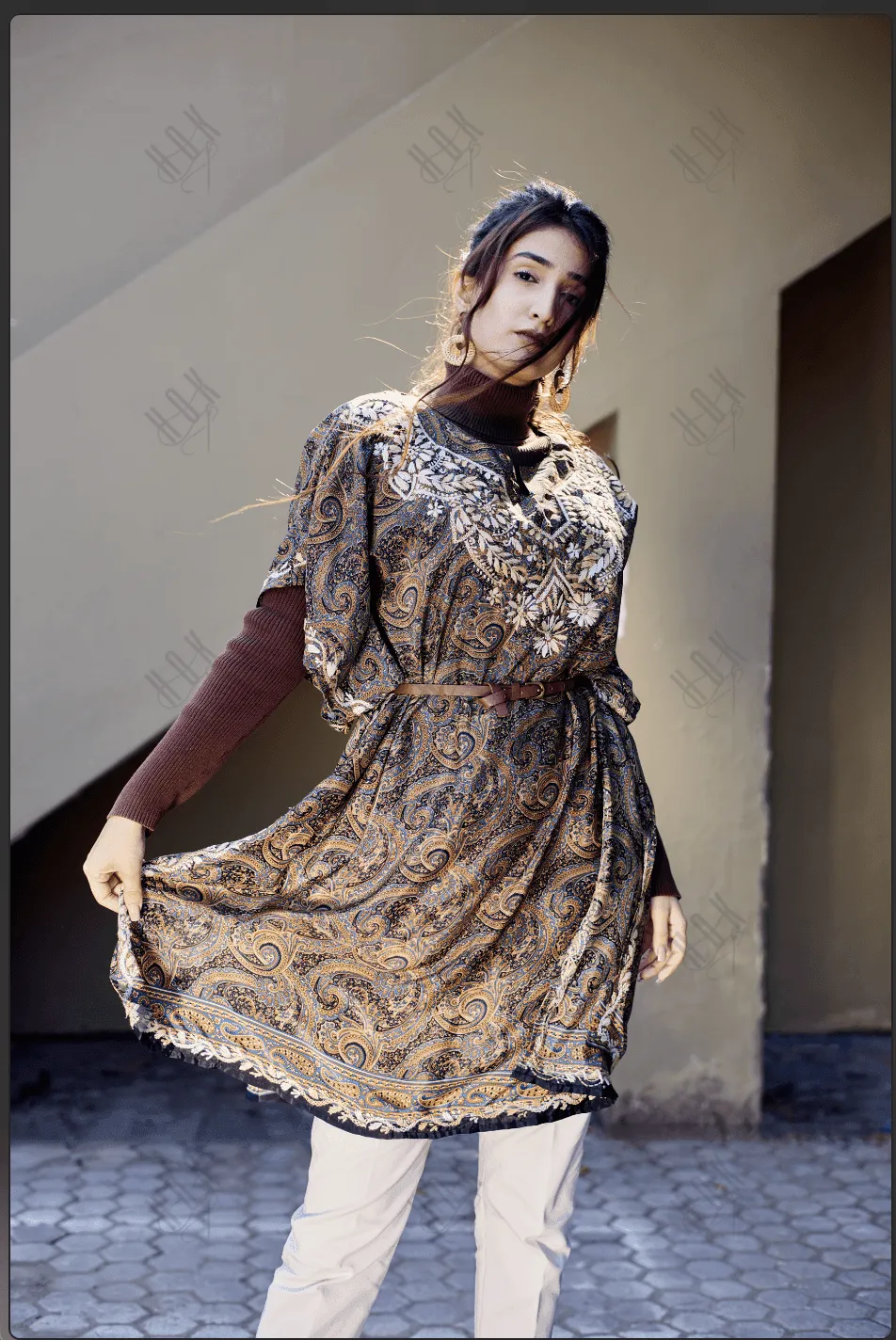 Premium Hand Embroidery Chikankari PolySilk Kaftan Top wear for Women Dark Brown Print