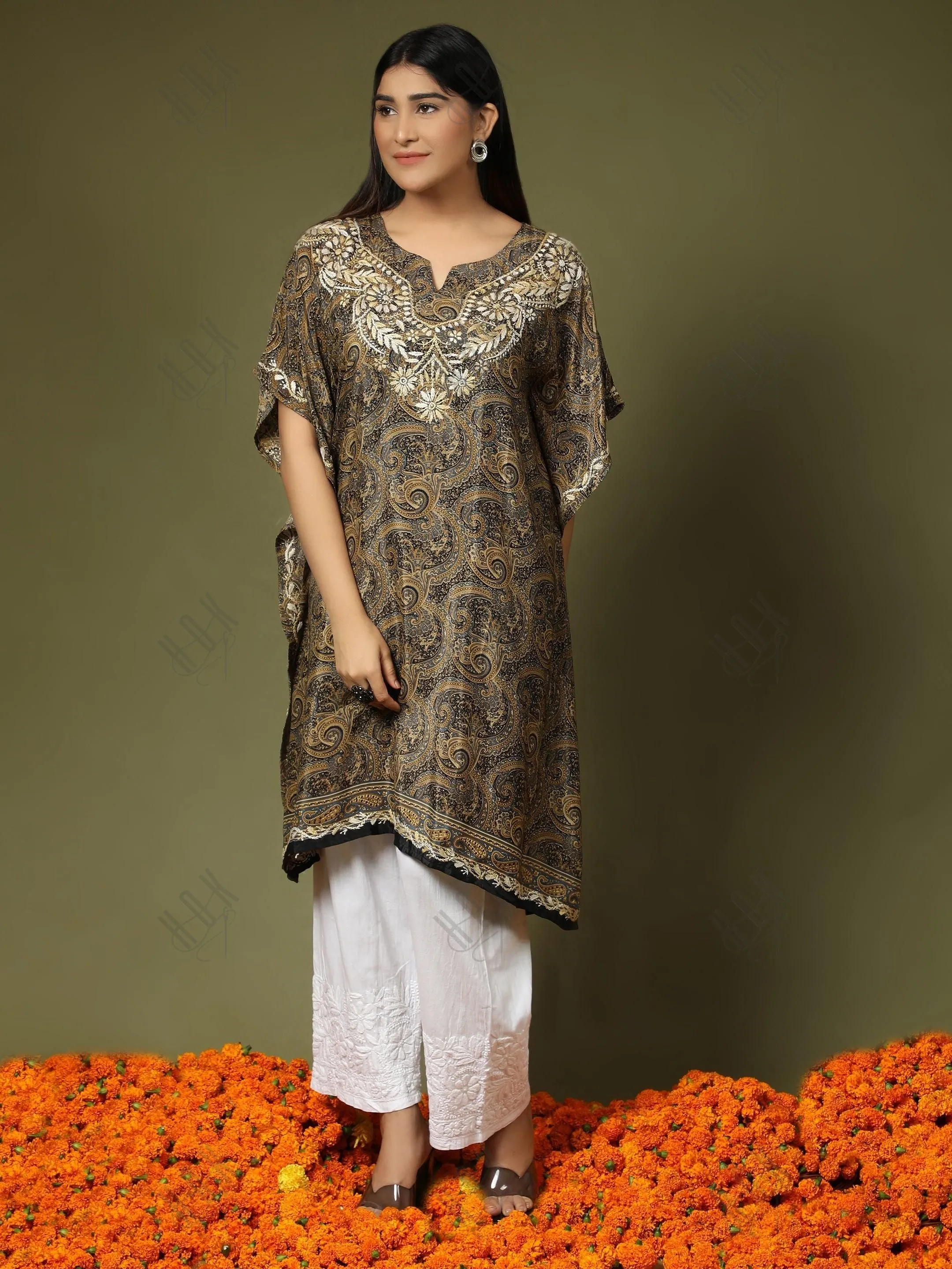 Premium Hand Embroidery Chikankari PolySilk Kaftan Top wear for Women Dark Brown Print