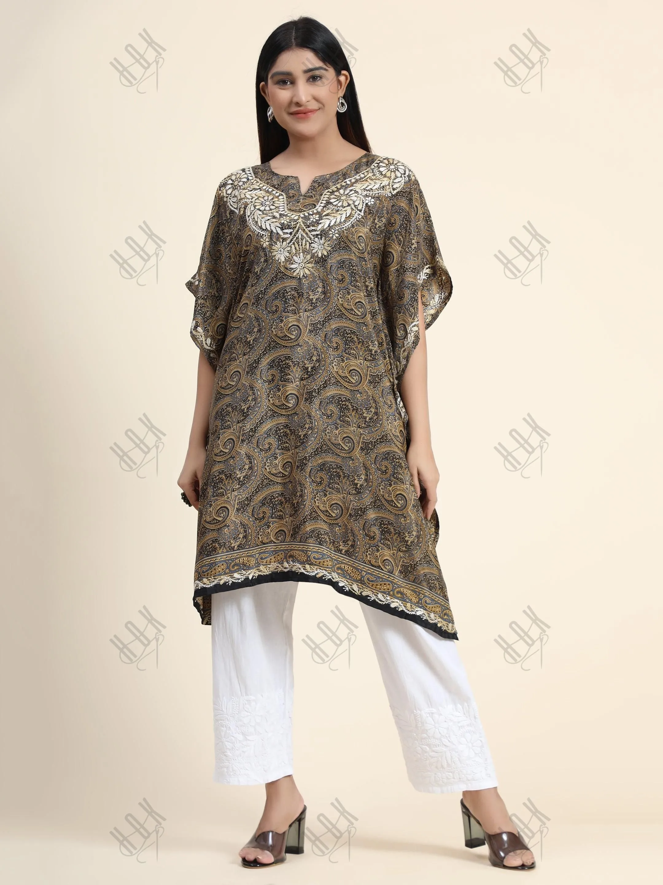 Premium Hand Embroidery Chikankari PolySilk Kaftan Top wear for Women Dark Brown Print