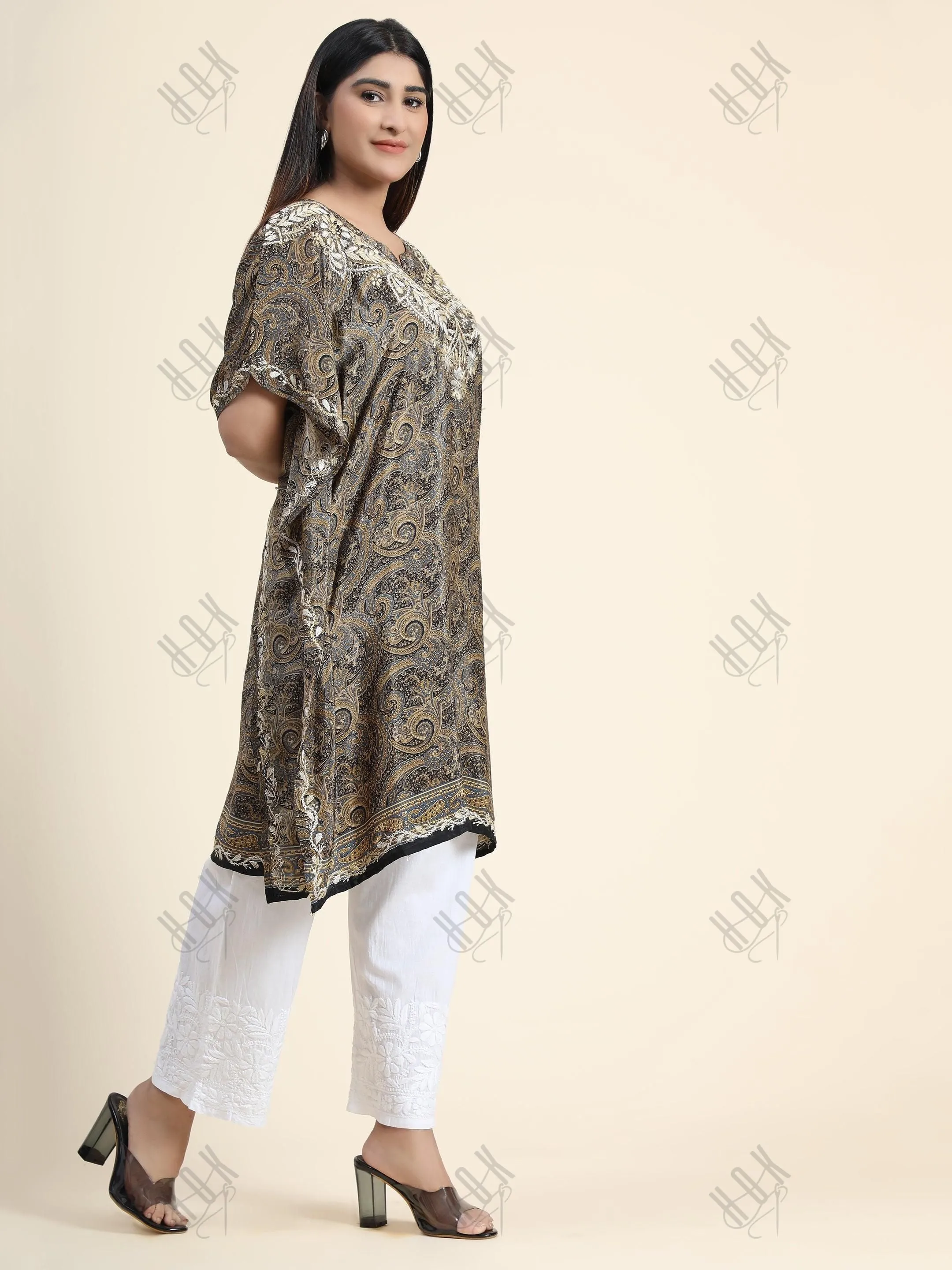 Premium Hand Embroidery Chikankari PolySilk Kaftan Top wear for Women Dark Brown Print