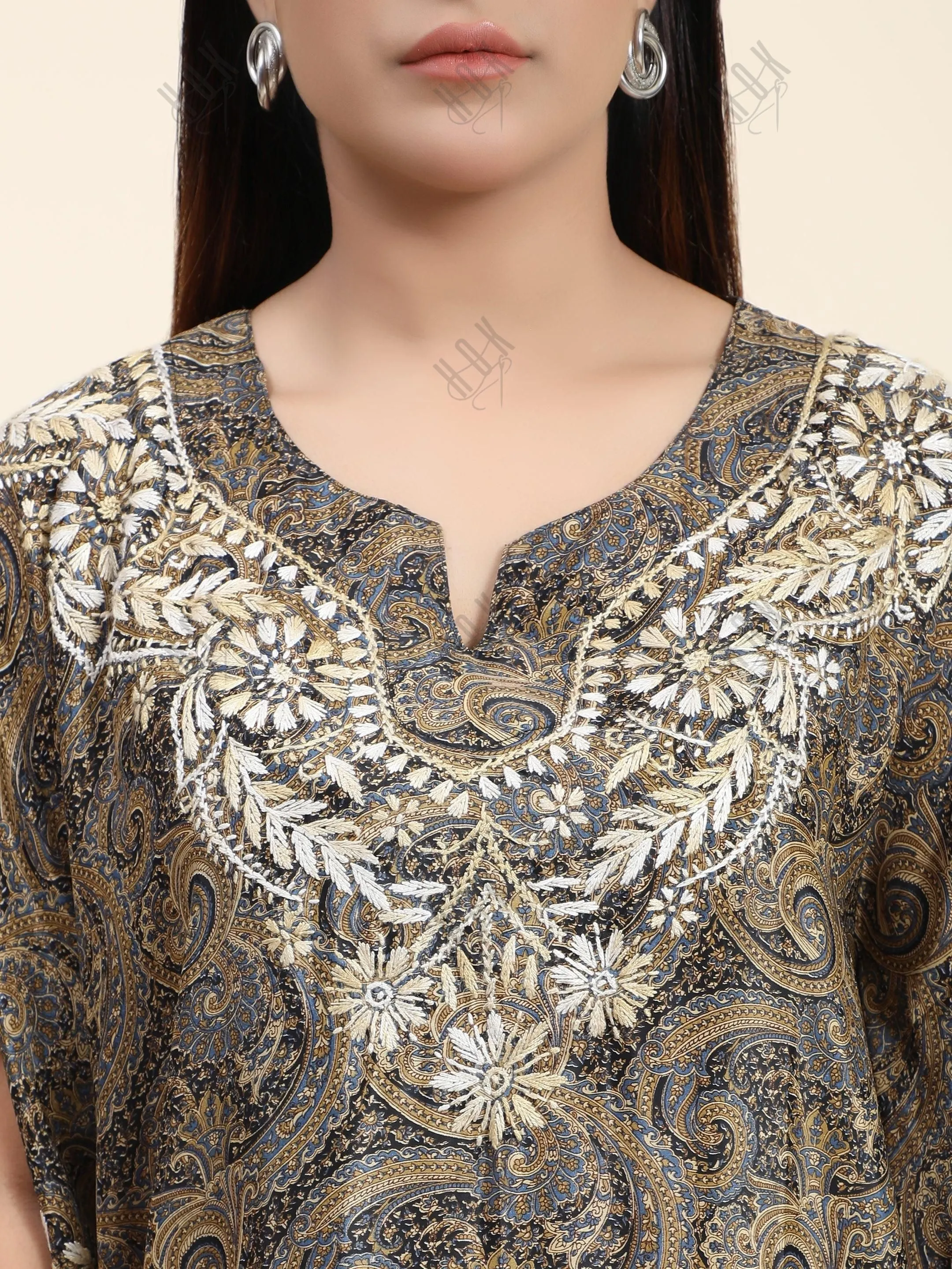 Premium Hand Embroidery Chikankari PolySilk Kaftan Top wear for Women Dark Brown Print