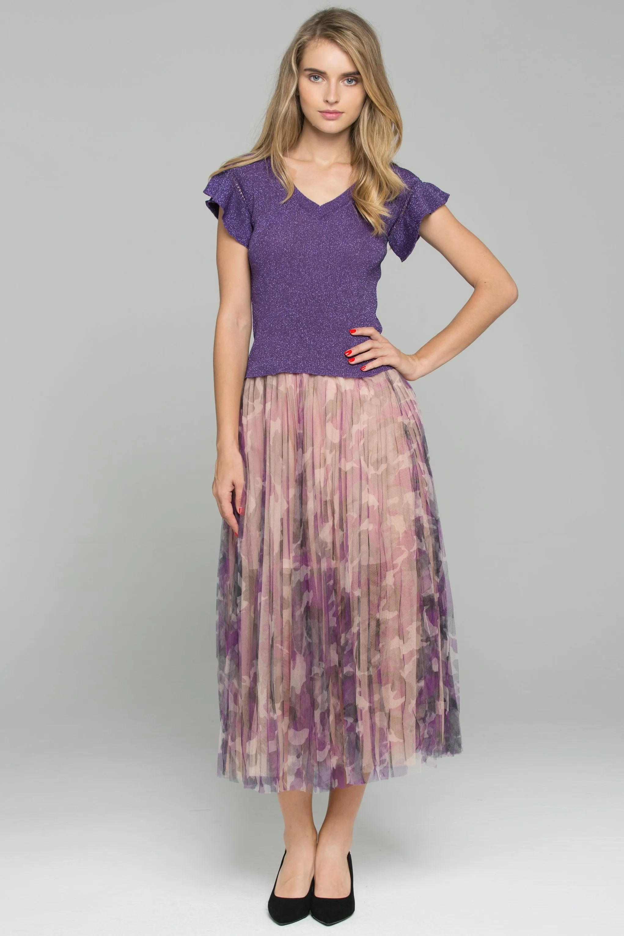 Purple Ruffled Top Chiffon Double Layer Accordion Pleats Midi Skirt Set