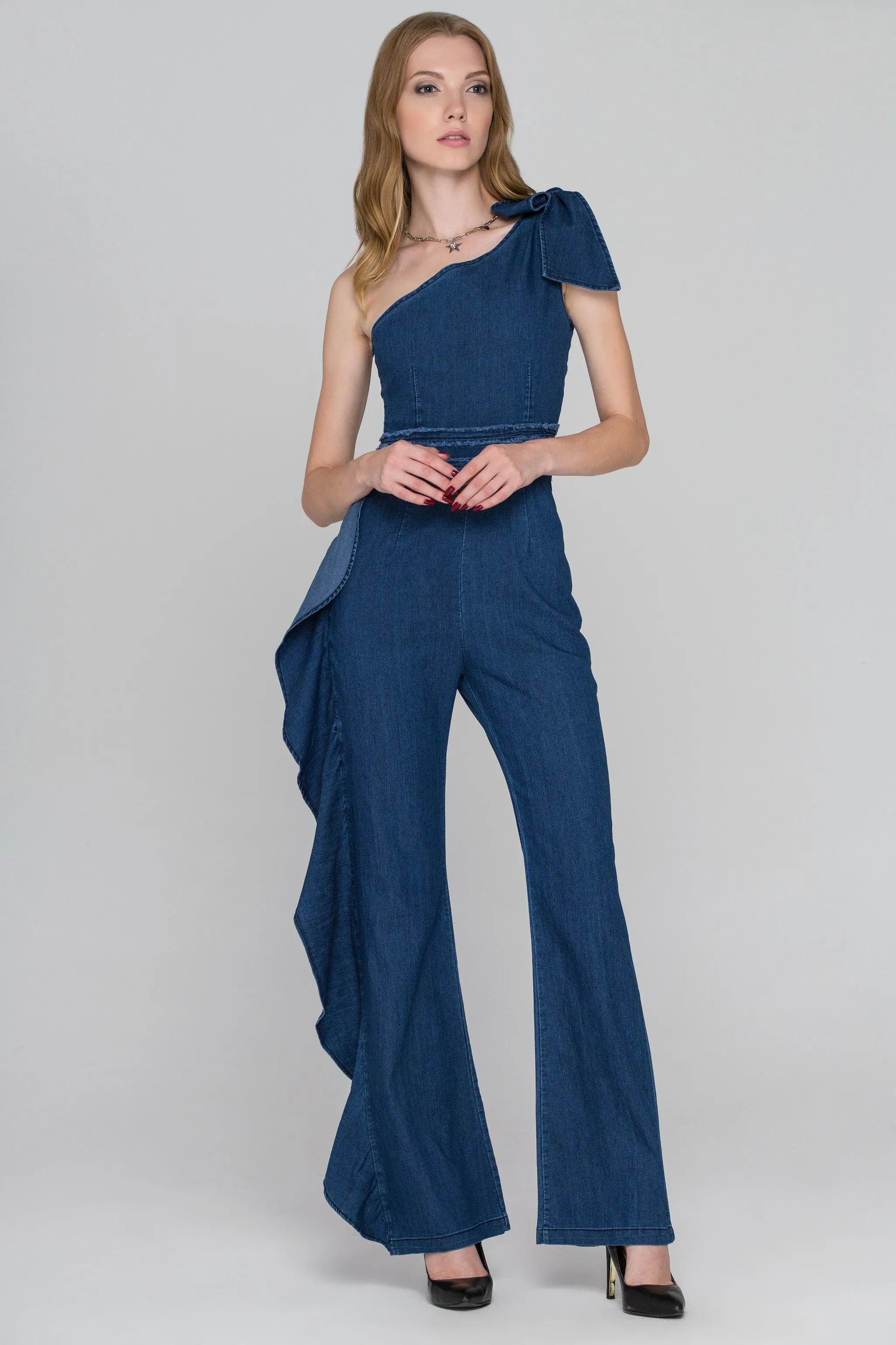 Rania Fawaz - One Shoulder Ruffled Leg Denim Jumpsuit