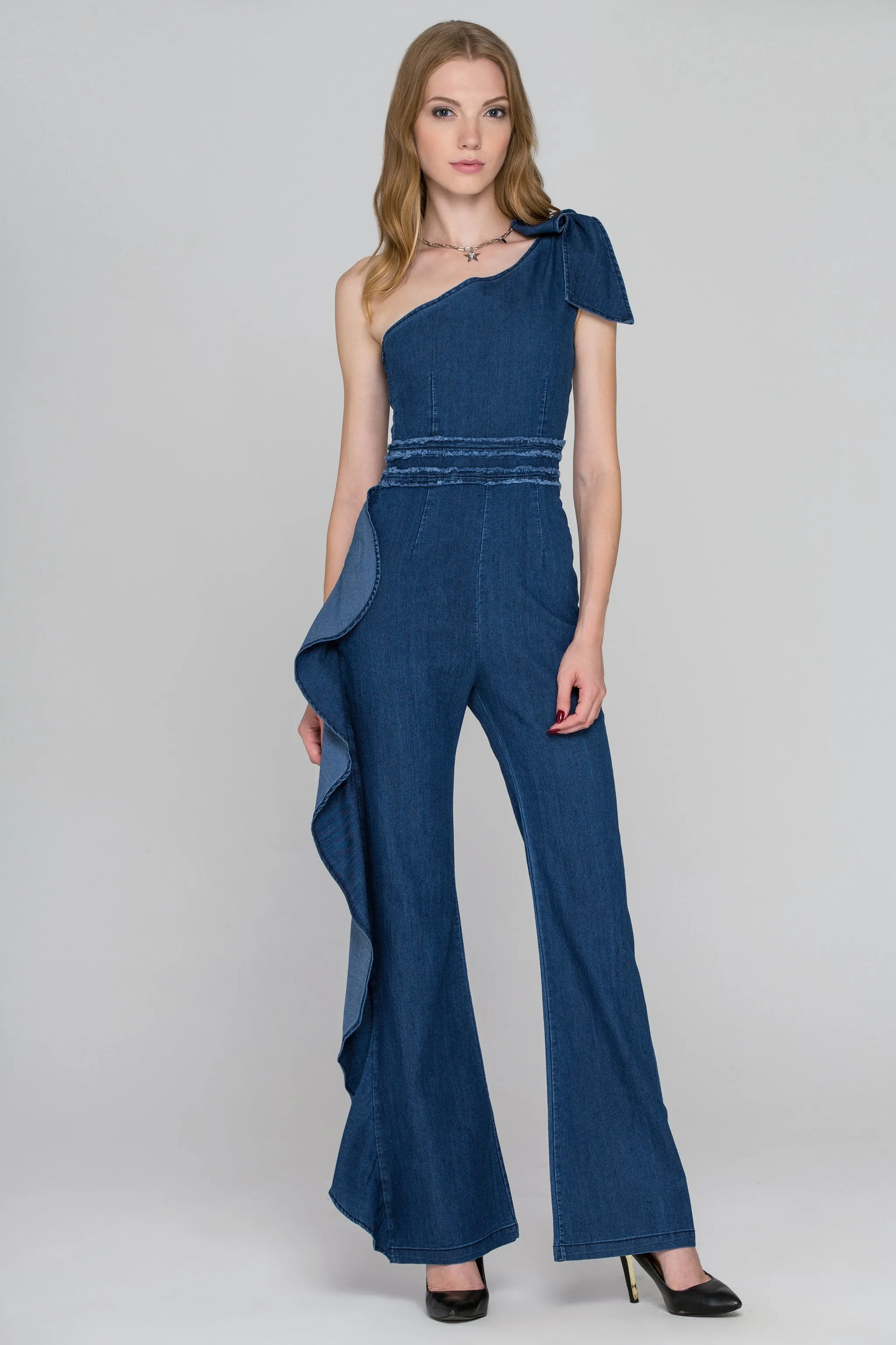 Rania Fawaz - One Shoulder Ruffled Leg Denim Jumpsuit