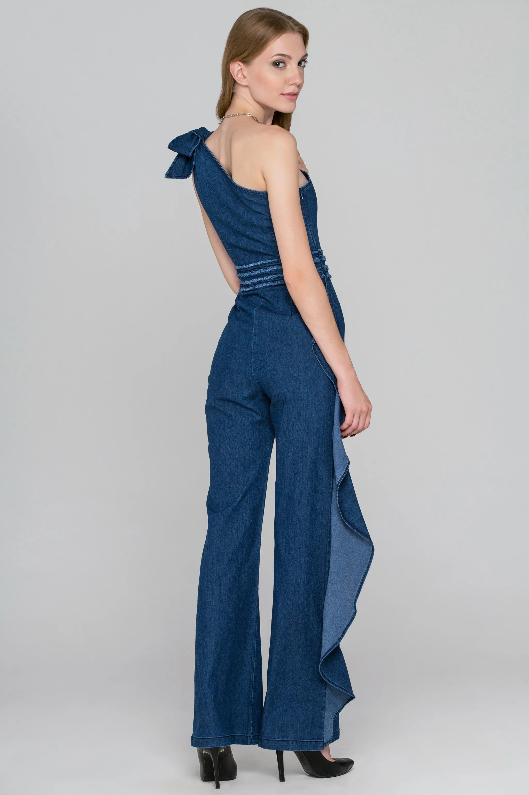 Rania Fawaz - One Shoulder Ruffled Leg Denim Jumpsuit