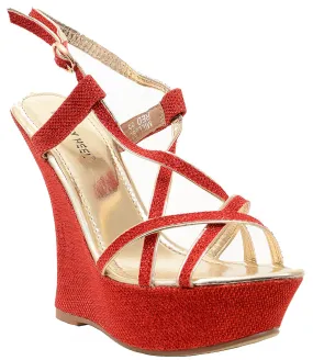 Red Glitter Strappy Criss Cross Wedge Platform Women's Sandals