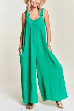 Ruffled Shoulder Strap Wide Leg Jumpsuit- Kelly Green