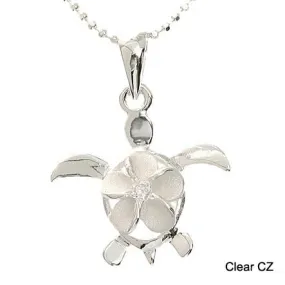 Sterling Silver 8mm Plumeria with CZ in Honu (Hawaiian Turtle) Pendant (Chain Sold Separately)