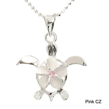 Sterling Silver 8mm Plumeria with Pink CZ in Honu (Hawaiian Turtle) Pendant (Chain Sold Separately)