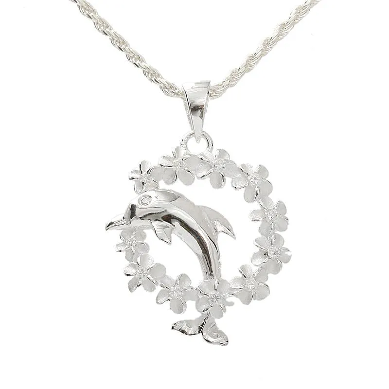 Sterling Silver Dolphin and Plumeria Lei with CZ Pendant (Chain Sold Separately)