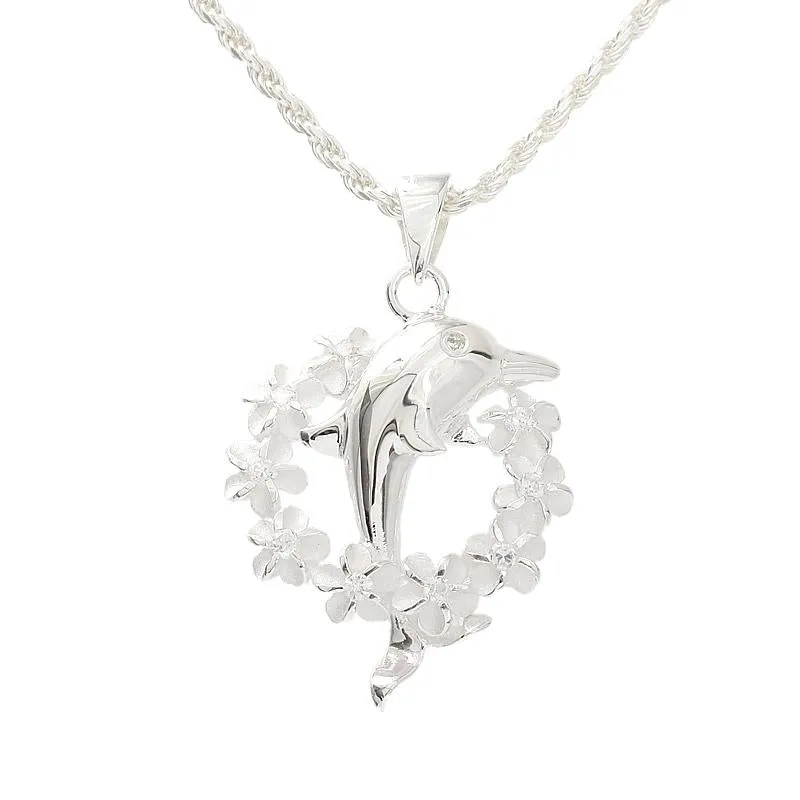 Sterling Silver Dolphin with Plumeria Lei Pendant (Chain Sold Separately)