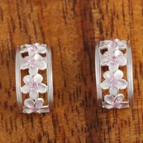 Sterling Silver Four Plumeria with Pink CZ Half Moon Post Earrings