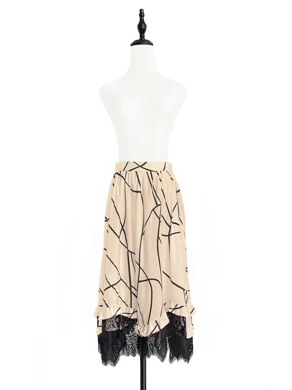 Surprise Sale! Print Asymmetric Lace Trim Flowy Midi-Skirt