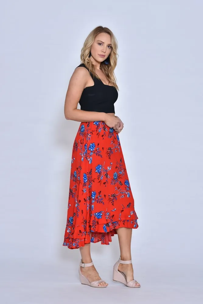 Tequila Sunrise Flare Hem Skirt Floral Red Blue