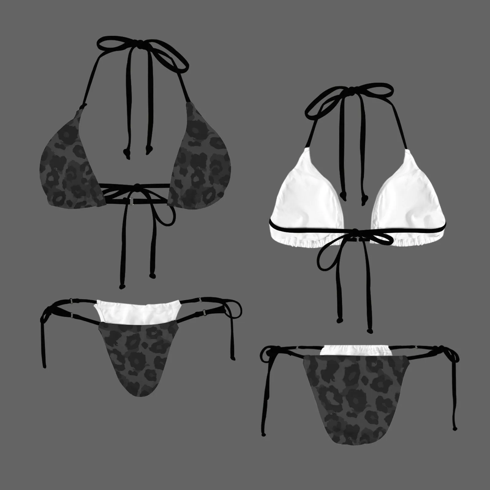 Vampire Art Glam Halter String Bikini Swimsuit Set - Black Grunge Leopard