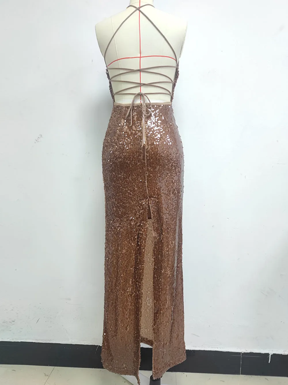 VESSAI Sequins Maxi Dress in Brown